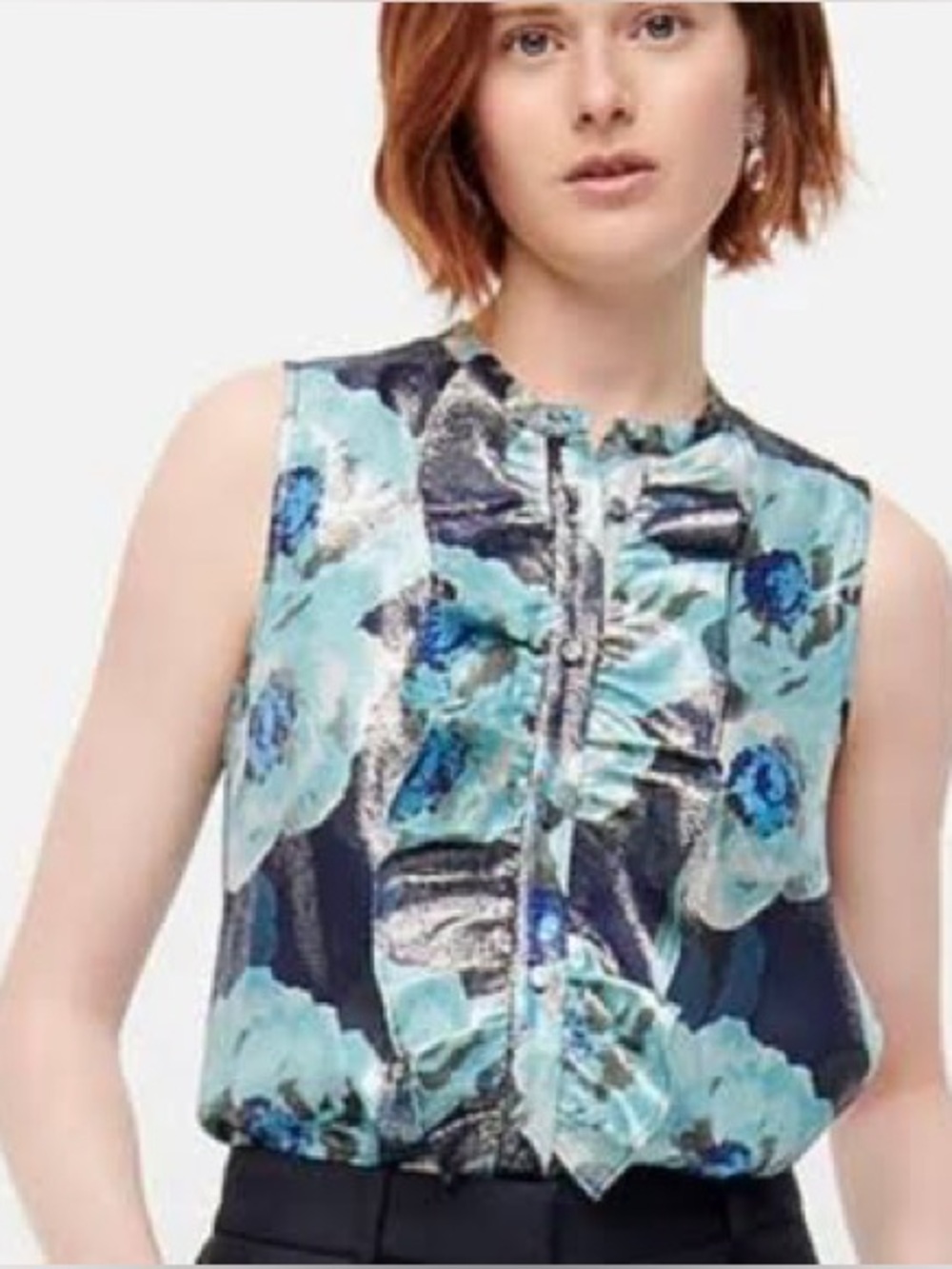 J.Crew Metallic Floral Jacquard Ruffle Front Sleeveless Top Silk Blend